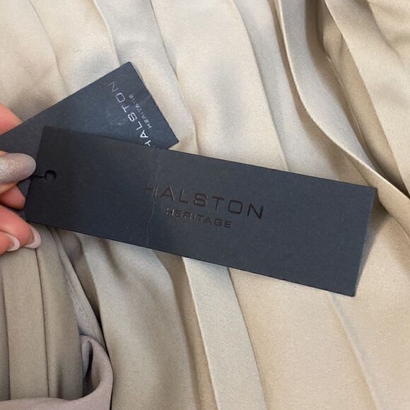 Halston Heritage Halter Pleated Wide Leg Jumpsuit Atmosphere Beige. - Picture 13 of 13